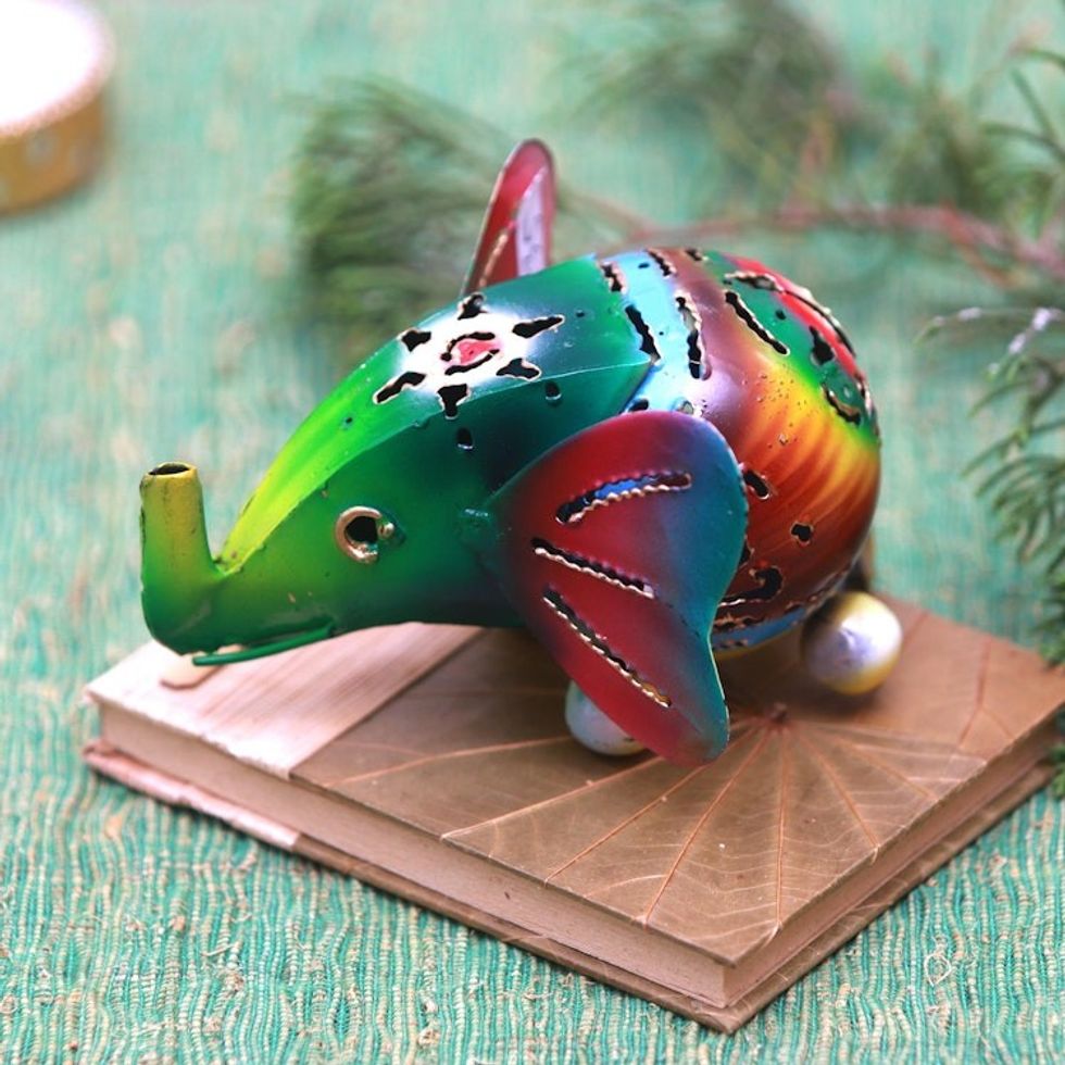 Colorful Steel Baby Elephant Decorative Accent from Bali 'Colorful Baby Elephant'