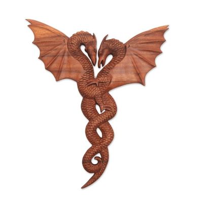 Alternate image for Dragon-Themed Suar Wood Relief Panel from Bali Dragon Couple