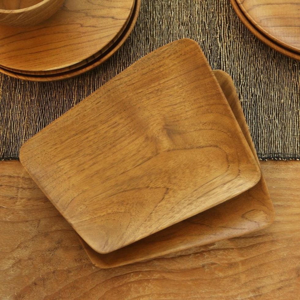 Hand Crafted Rectangular Teak Wood Sushi Plates Pair 'Parallelogram Platter'