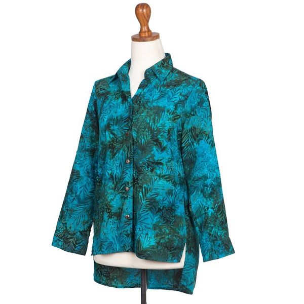 Alternate image for Rayon Batik Long Sleeve Teal Hi-Low Button Shirt Java Emerald