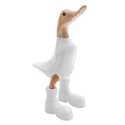 Alternate image for Acacia Wood and Bamboo Root Duck Sculpture in White Rain Boot Duck in White