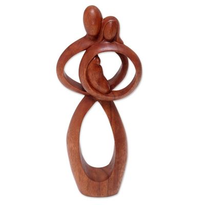 Alternate image for Hand-Carved Suar Wood Parents and Newborn Family Sculpture Infant Love