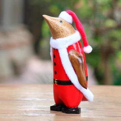 Alternate image for Santa Penguin Hand Painted Bamboo Root Statuette Penguin Santa