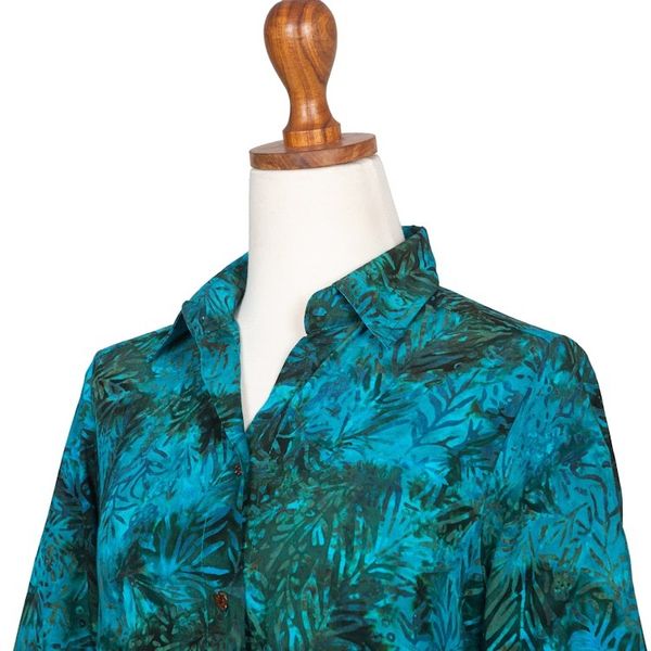 Alternate image for Rayon Batik Long Sleeve Teal Hi-Low Button Shirt Java Emerald