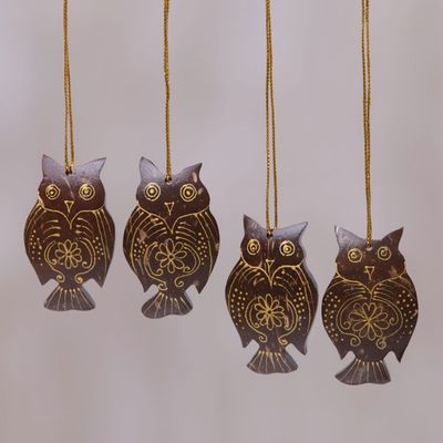 Alternate image for Set of 4 Javanese Coconut Shell Owl Figure Ornaments Hanging Owls