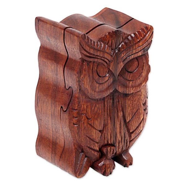 Alternate image for Hand Carved Wood Puzzle Box Owl Shape from Indonesia Serious Owl