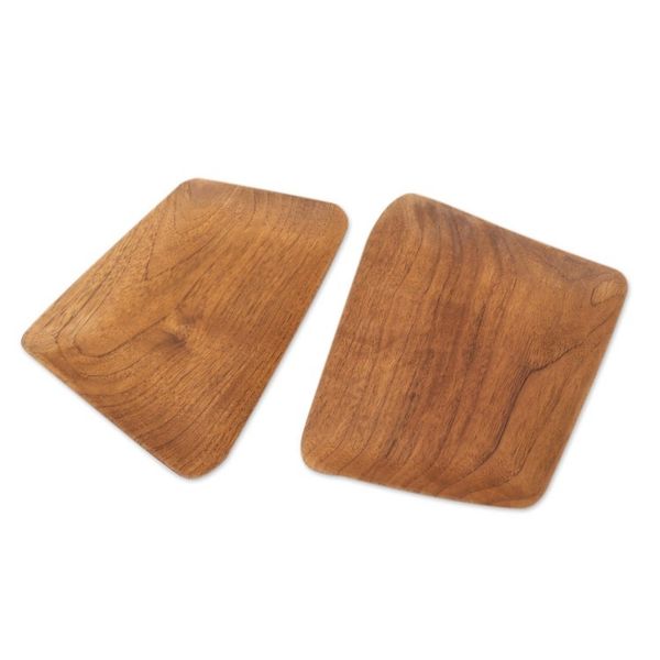 Alternate image for Hand Crafted Rectangular Teak Wood Sushi Plates Pair Parallelogram Platter
