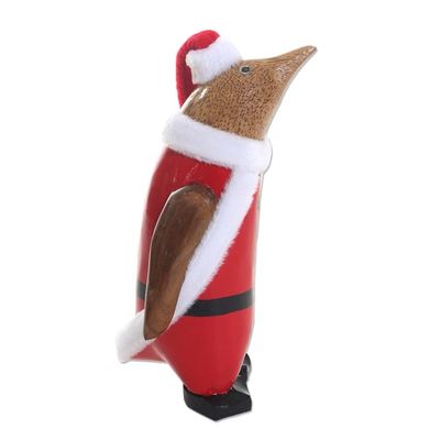 Alternate image for Santa Penguin Hand Painted Bamboo Root Statuette Penguin Santa