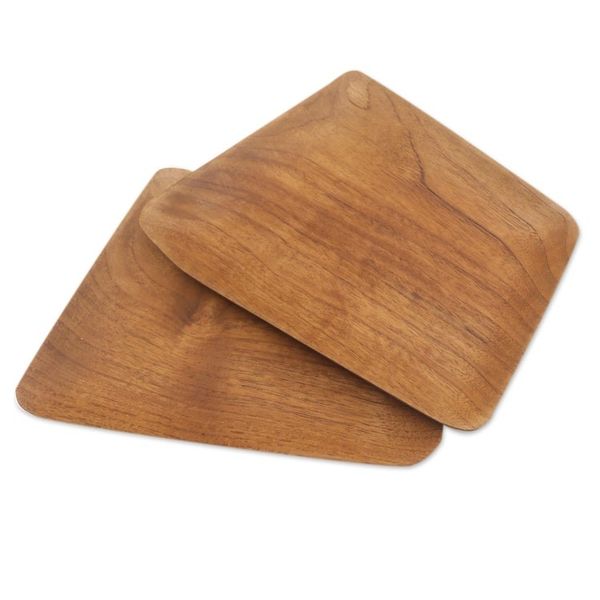 Alternate image for Hand Crafted Rectangular Teak Wood Sushi Plates Pair Parallelogram Platter