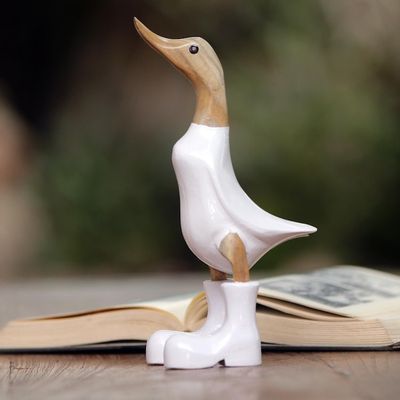 Alternate image for Acacia Wood and Bamboo Root Duck Sculpture in White Rain Boot Duck in White