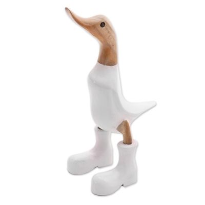 Alternate image for Acacia Wood and Bamboo Root Duck Sculpture in White Rain Boot Duck in White