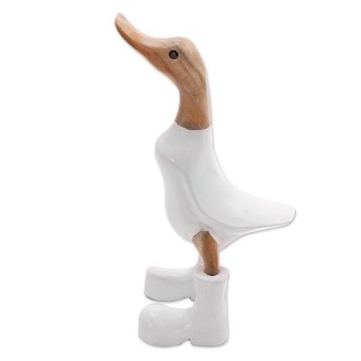 Alternate image for Acacia Wood and Bamboo Root Duck Sculpture in White Rain Boot Duck in White