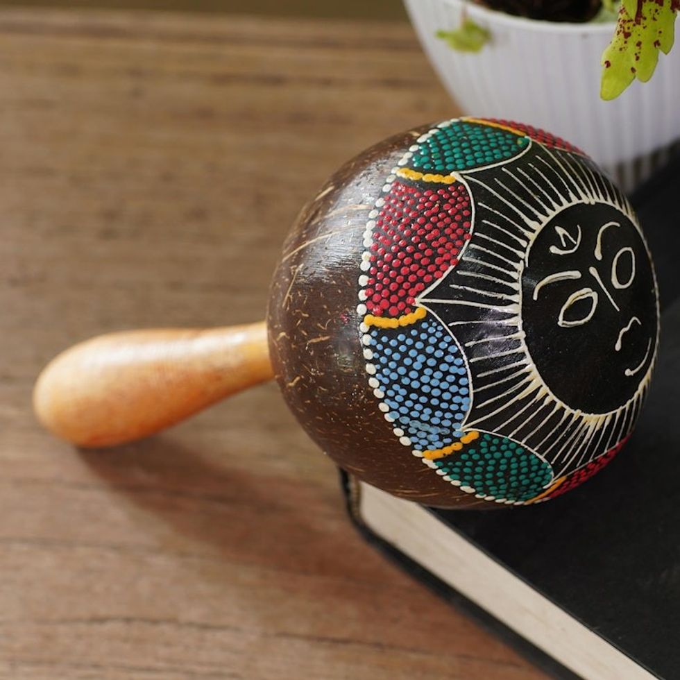 Coconut Shell Maraca Rattle with Multicolored Sun Design 'Java Sunrise'