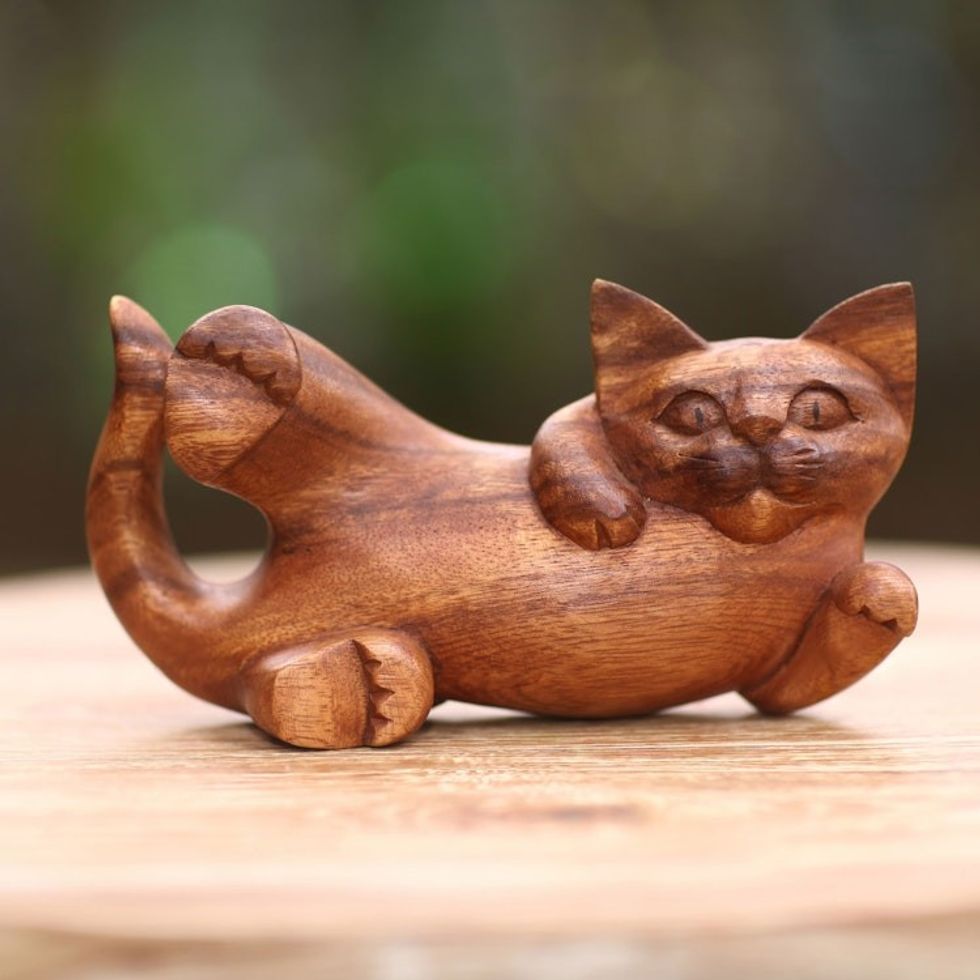 Balinese Signed Hand Carved Cat Sculpture in Wood 'Naughty Kitty'