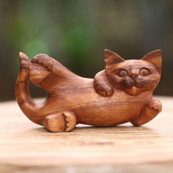 Alternate image for Balinese Signed Hand Carved Cat Sculpture in Wood Naughty Kitty