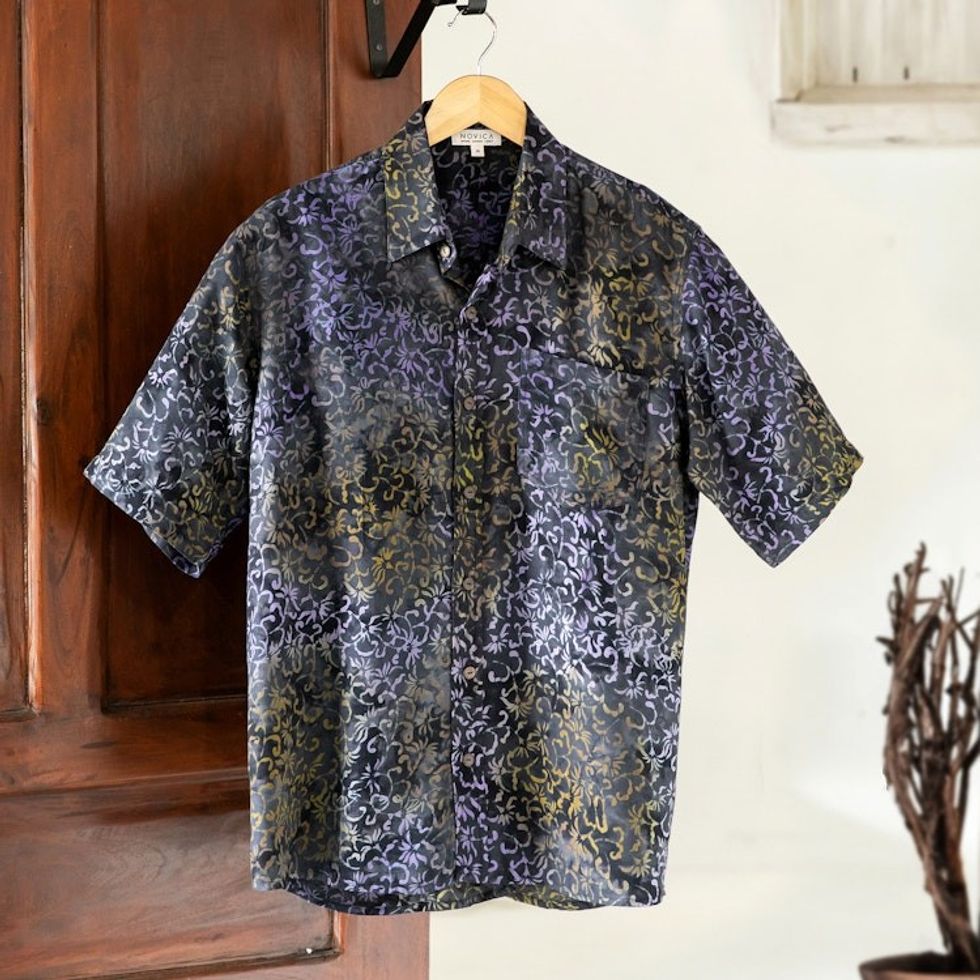 Men's Handcrafted Rayon Shirt with Purple Batik Pattern 'Purple Floral'