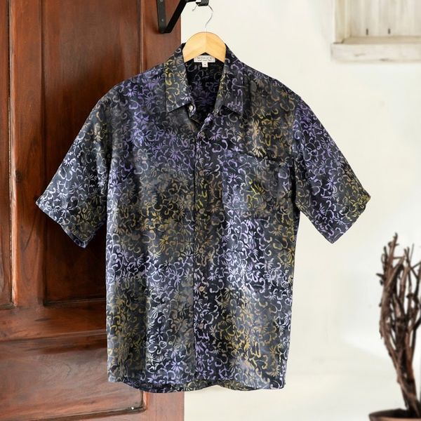 Alternate image for Mens Handcrafted Rayon Shirt with Purple Batik Pattern Purple Floral