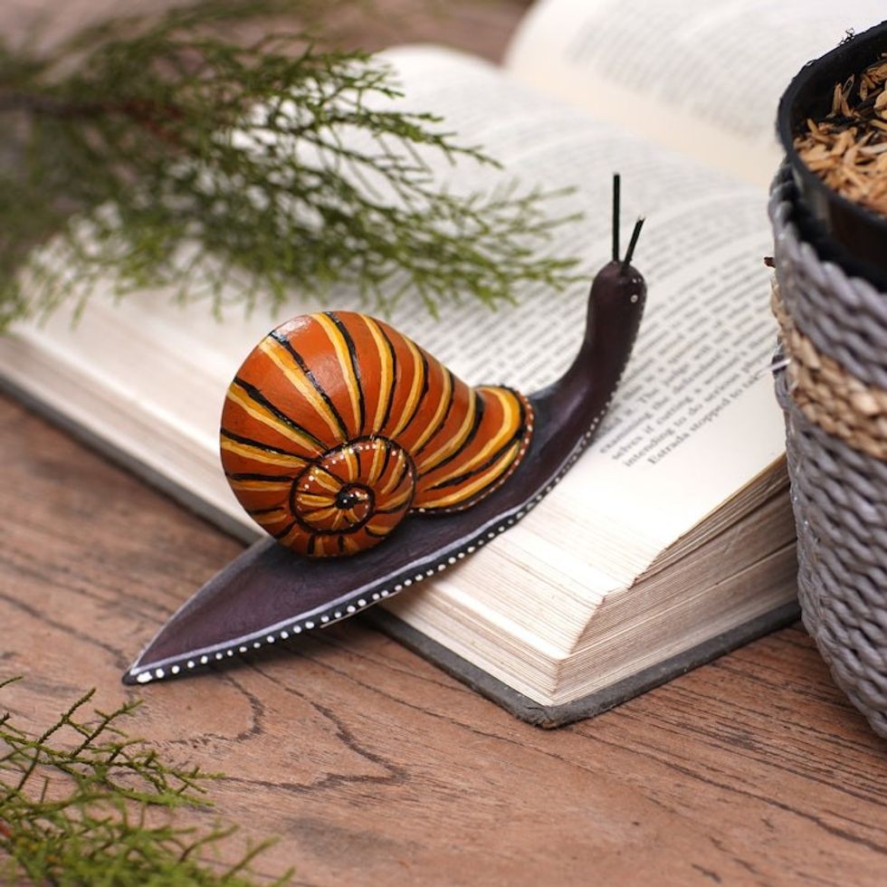 Hand-Carved Suar Wood Snail Statuette Painted in Bali 'At a Snail's Pace'