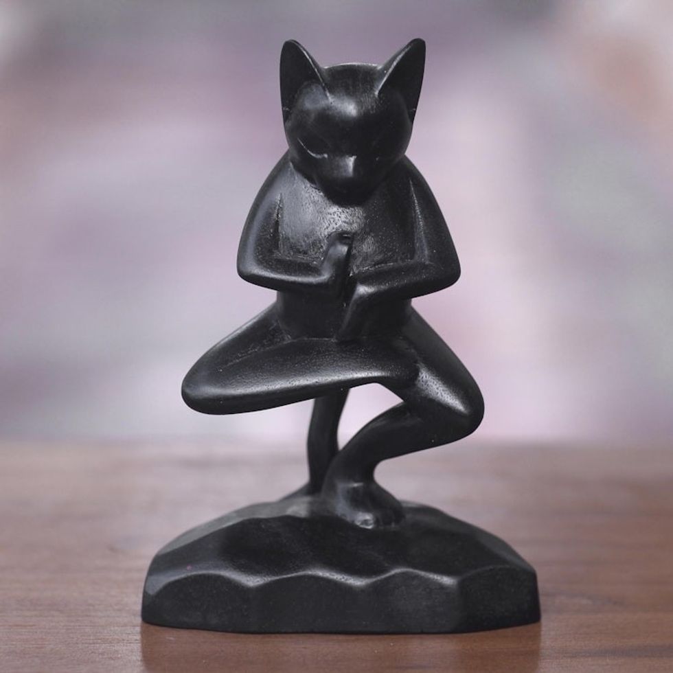 Unique Wood Sculpture of Black Cat in Yoga Pose 'Vrkasana Black Cat'