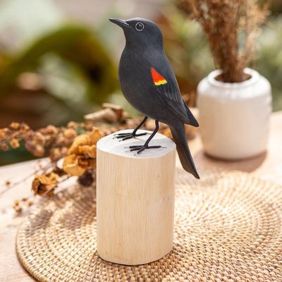 Alternate image for Hand-Carved and Hand-Painted Teak  Suar Wood Bird Statuette The Red-Winged Blackbird