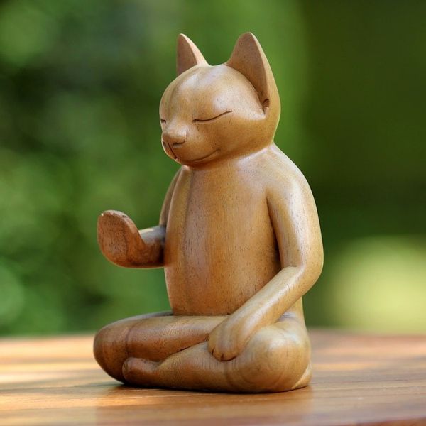 Alternate image for Original Wood Sculpture from Indonesia Blessing Cat