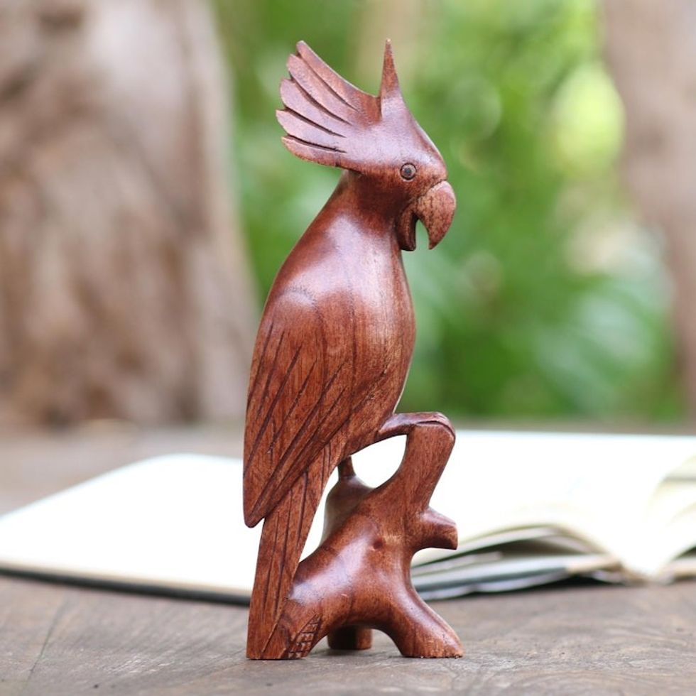 Hand Carved Suar Wood Cockatoo Statuette 'Crested Cockatoo'