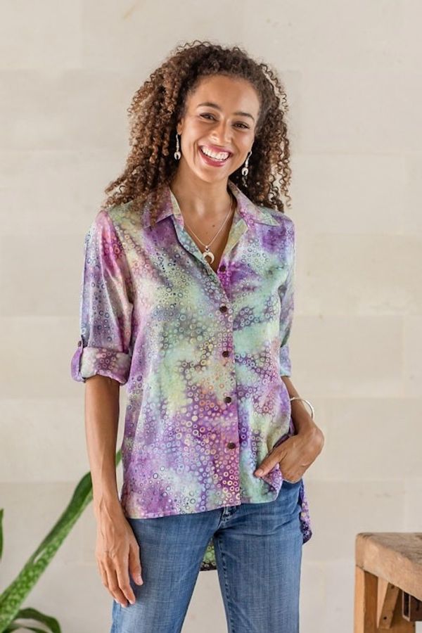 Alternate image for Roll-Tab Sleeve Button Front Batik Rayon Blouse Rainbow Bubbles