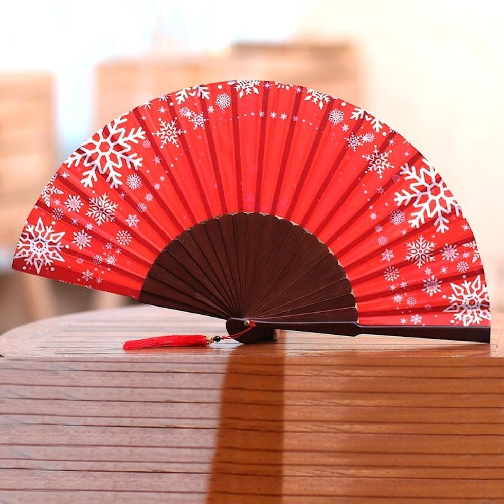 Snowflake Motif Silk Hand Fan Crafted in Bali 'Let It Snow'