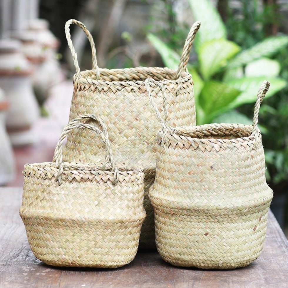 Hand Crafted Natural Fiber Baskets Set of 3 'Bali Weave in Natural'