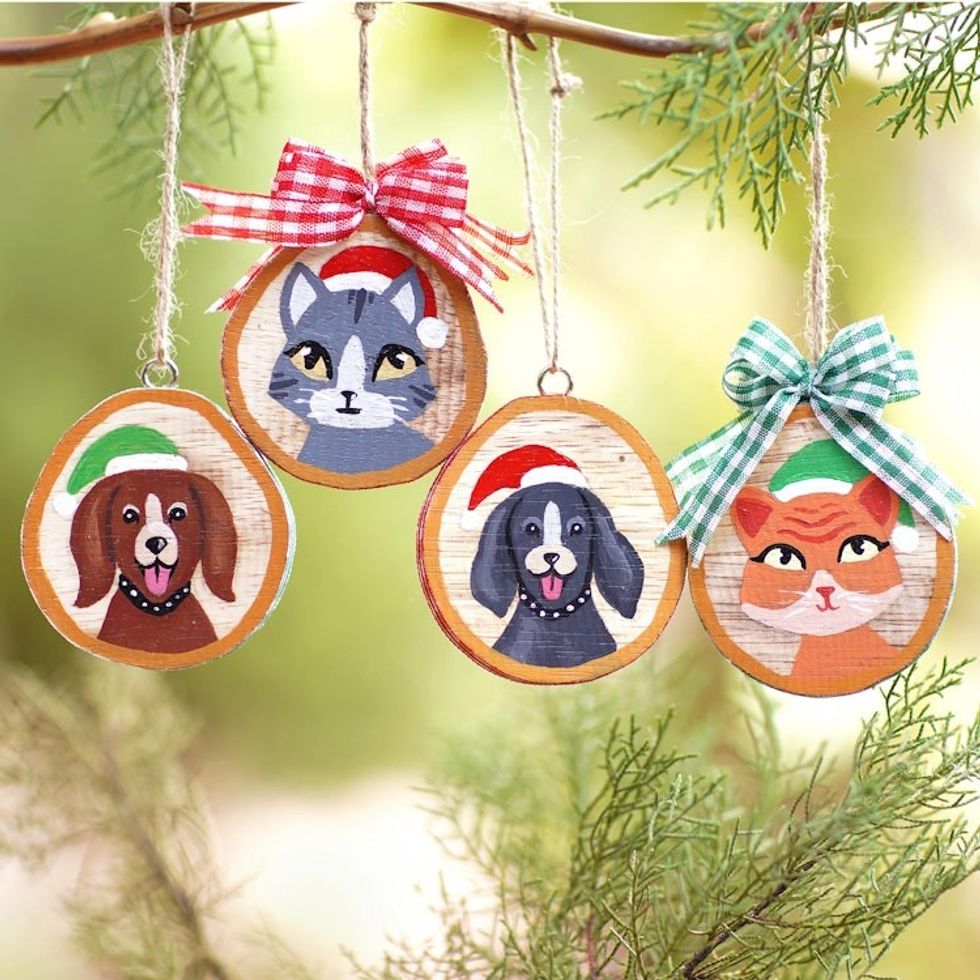 Wood Dog and Cat Holiday Ornaments Set of 4 'Dog and Cat Christmas'