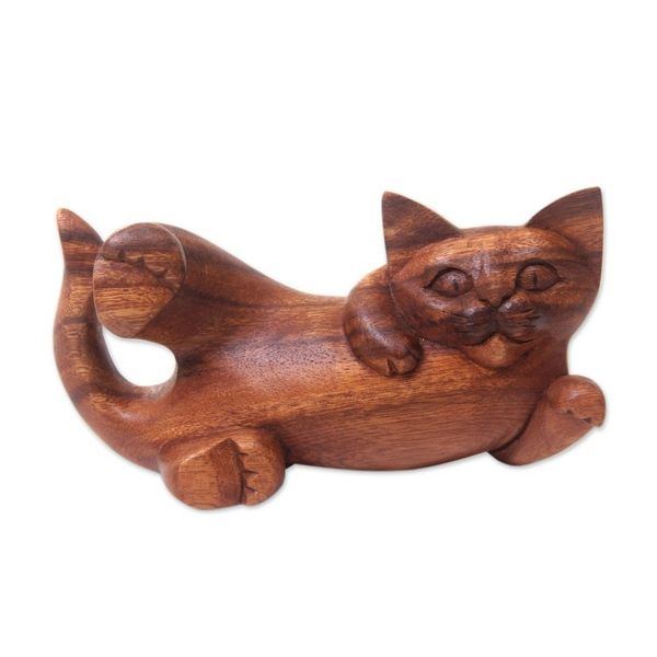 Alternate image for Balinese Signed Hand Carved Cat Sculpture in Wood Naughty Kitty