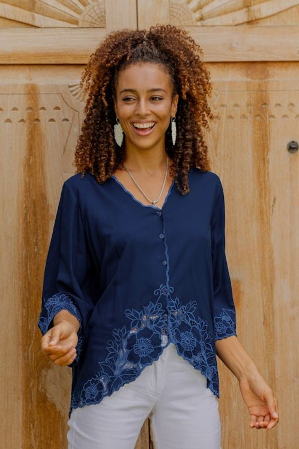 Alternate image for Blue Rayon Embroidered Floral Blouse Azure Blossom