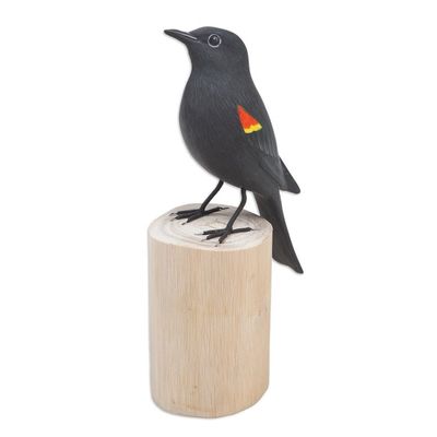 Alternate image for Hand-Carved and Hand-Painted Teak  Suar Wood Bird Statuette The Red-Winged Blackbird