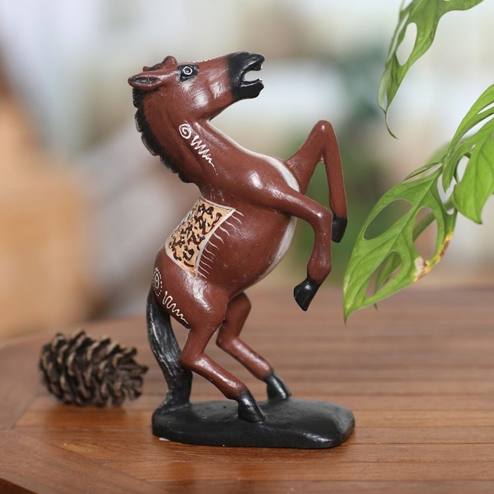 Hand-Carved Suar Wood Horse Sculpture Painted in Bali 'Triumphal Gallop'