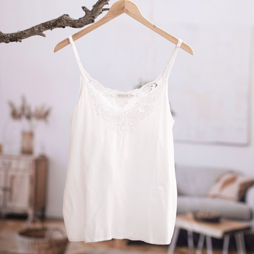 Floral Embroidered Rayon Tank Top in Snow White from Bali 'Snow White Kerawang'