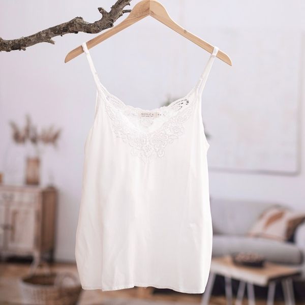 Alternate image for Floral Embroidered Rayon Tank Top in Snow White from Bali Snow White Kerawang