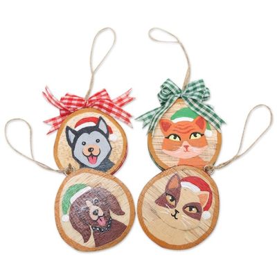 Alternate image for Wood Dog and Cat Holiday Ornaments Set of 4 Dog and Cat Christmas