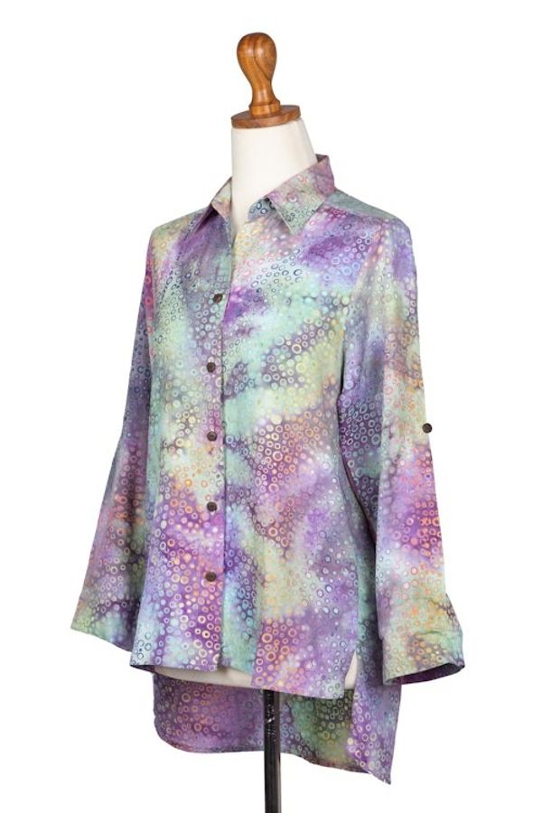 Alternate image for Roll-Tab Sleeve Button Front Batik Rayon Blouse Rainbow Bubbles