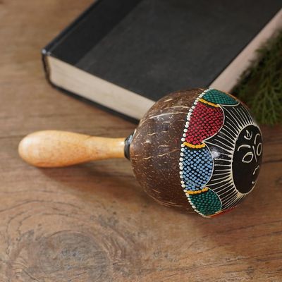 Alternate image for Coconut Shell Maraca Rattle with Multicolored Sun Design Java Sunrise