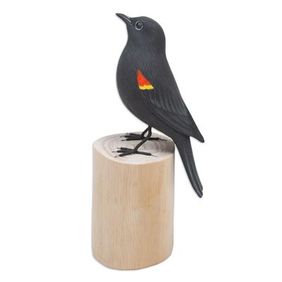 Alternate image for Hand-Carved and Hand-Painted Teak  Suar Wood Bird Statuette The Red-Winged Blackbird