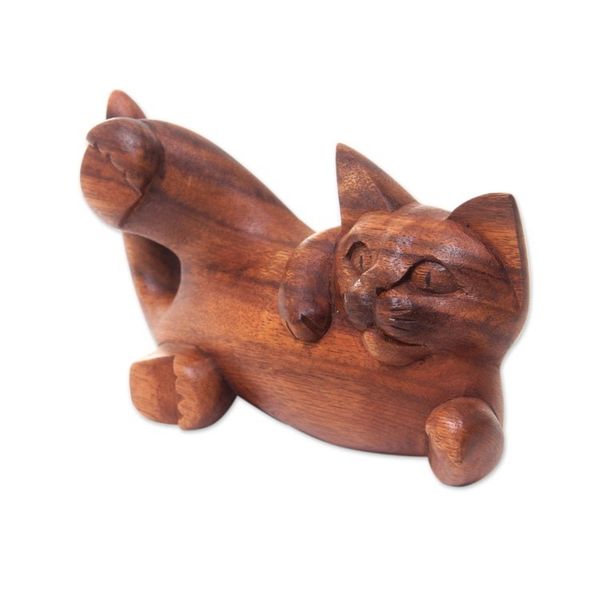 Alternate image for Balinese Signed Hand Carved Cat Sculpture in Wood Naughty Kitty