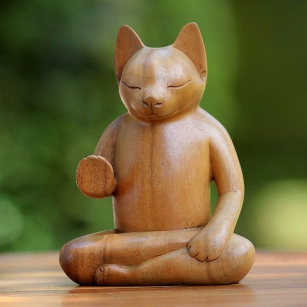 Alternate image for Original Wood Sculpture from Indonesia Blessing Cat