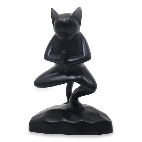 Alternate image for Unique Wood Sculpture of Black Cat in Yoga Pose Vrkasana Black Cat