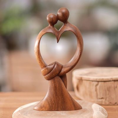 Alternate image for Hand-Carved Suar Wood Sculpture with Modern Loving Couple Love Bond