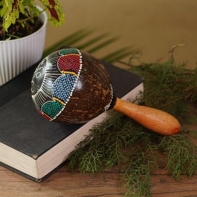 Alternate image for Coconut Shell Maraca Rattle with Multicolored Sun Design Java Sunrise