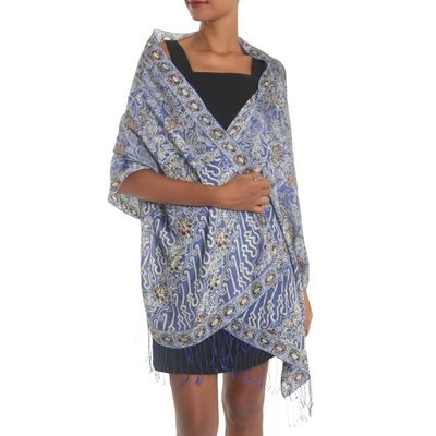 Alternate image for Batik Silk Shawl with Indigo Floral Motifs from Bali Alluring Lily in Indigo