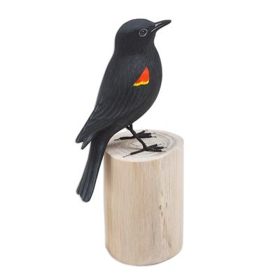 Alternate image for Hand-Carved and Hand-Painted Teak  Suar Wood Bird Statuette The Red-Winged Blackbird