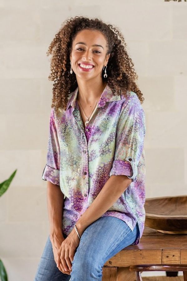 Alternate image for Roll-Tab Sleeve Button Front Batik Rayon Blouse Rainbow Bubbles