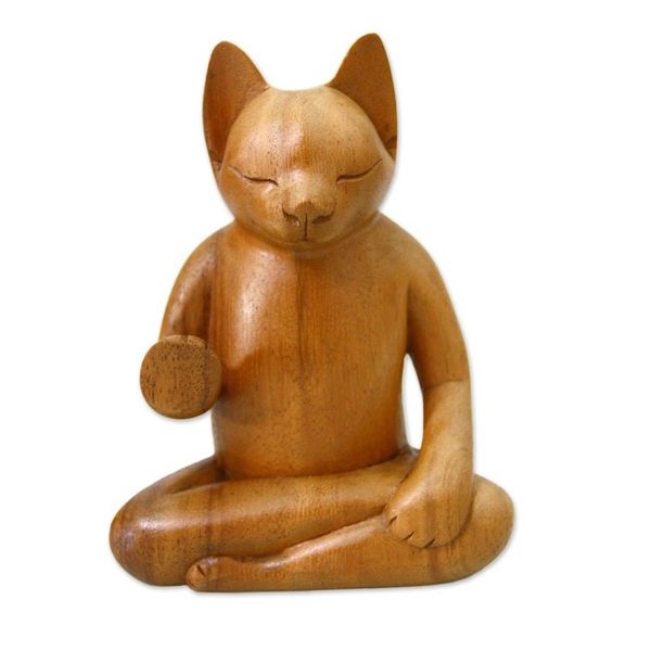 Alternate image for Original Wood Sculpture from Indonesia Blessing Cat
