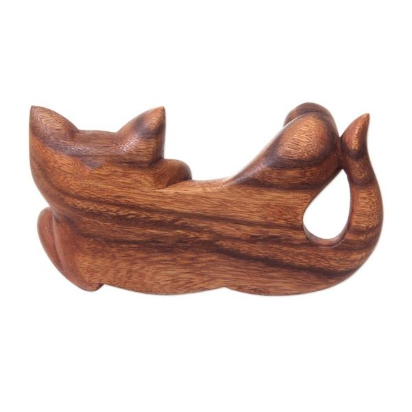 Alternate image for Balinese Signed Hand Carved Cat Sculpture in Wood Naughty Kitty